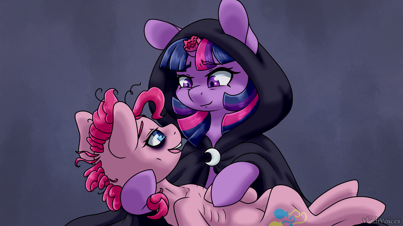 Size: 3840x2160 | Tagged: semi-grimdark, artist:vladivoices, derpibooru import, part of a set, pinkie pie, twilight sparkle, earth pony, pony, unicorn, fanfic:friendship is tragic, animatic, broken horn, clothes, duo, dying, emaciated, holding a pony, horn, image, part of a series, png, robe, unicorn twilight