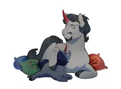 Size: 2041x1500 | Tagged: safe, artist:celeriven, derpibooru import, king sombra, oc, oc:cepheus, pony, image, lying down, offspring, parent:king sombra, parent:princess luna, parents:lumbra, png, prone, simple background, white background