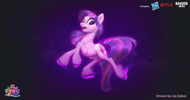 Size: 2048x1080 | Tagged: safe, artist:imalou, boulder media, derpibooru import, twilight sparkle, earth pony, pony, my little pony: a new generation, behind the scenes, boulder media logo, concept art, earth pony twilight, g5, hasbro, hasbro logo, image, jpeg, logo, my little pony: a new generation logo, netflix, netflix logo, race swap