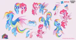 Size: 2048x1080 | Tagged: safe, artist:imalou, boulder media, derpibooru import, pinkie pie, rainbow dash, pegasus, pony, my little pony: a new generation, behind the scenes, boulder media logo, cloud, concept art, g5, hasbro, hasbro logo, image, jpeg, logo, multeity, my little pony: a new generation logo, netflix, netflix logo, pegasus pinkie pie, race swap, simple background