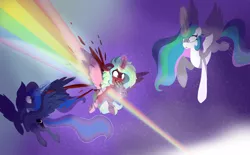 Size: 1280x796 | Tagged: grimdark, artist:brybrychan, derpibooru import, princess celestia, princess luna, oc, oc:stardust, alicorn, alicorn oc, blood, curved horn, fanfic art, glow, glowing horn, horn, image, png, rainbow, story in the source, trio, wings