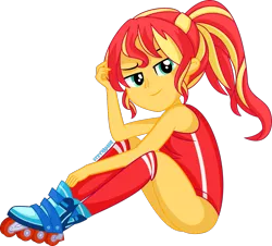 Size: 1105x1000 | Tagged: suggestive, artist:steyrrdash, derpibooru import, sunset shimmer, equestria girls, alternate hairstyle, bottomless, clothes, female, image, partial nudity, png, roller skates, rollerblades, simple background, solo, solo female, transparent background