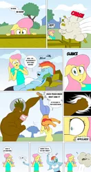 Size: 3072x5840 | Tagged: safe, artist:matchstickman, derpibooru import, applejack, fluttershy, rainbow dash, anthro, earth pony, minotaur, pegasus, comic:now i'm a jerk, abs, applejacked, biceps, comic, commission, deltoids, dizzy, female, image, implied shipping, implied soarindash, implied straight, male, muscles, png, rainbuff dash, the tick, wonderbolts