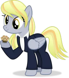 Size: 2920x3310 | Tagged: safe, artist:anime-equestria, derpibooru import, derpy hooves, pegasus, pony, alternate hairstyle, clothes, female, folded wings, food, full body, high res, hoof hold, image, mare, muffin, png, shadow, simple background, smiling, solo, standing, suit, tail, transparent background, vector, wings