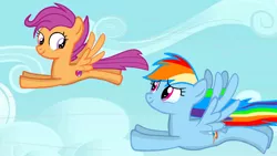 Size: 1280x720 | Tagged: safe, artist:mlplary6, derpibooru import, rainbow dash, scootaloo, pegasus, pony, crying, duo, duo female, female, flying, hooves, image, looking at each other, looking at someone, mare, older, older scootaloo, png, scootaloo can fly, shading, siblings, sisters, sky, smiling, spread wings, tail, tears of joy, wings