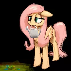 Size: 2000x2000 | Tagged: safe, artist:dummyhorse, derpibooru import, fluttershy, pegasus, pony, black background, female, floppy ears, flower, folded wings, high res, image, jpeg, lidded eyes, looking at something, looking down, mare, mouth hold, partial background, sad, simple background, solo, standing, three quarter view, watering can, wings