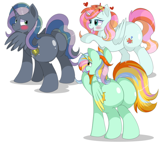 Size: 9000x7941 | Tagged: safe, artist:rainbowtashie, derpibooru import, cheerilee, compass star, evening star, fleur-de-lis, lightning dust, ms. harshwhinny, nurse redheart, party favor, sassy saddles, spitfire, thunderlane, trixie, oc, oc:princess healing glory, oc:princess sincere scholar, oc:wonder weather, alicorn, pony, alicorn oc, blushing, butt, commissioner:bigonionbean, crown, cute, cutie mark, embarrassed, female, flank, fusion, fusion: princess healing glory, fusion:princess sincere scholar, fusion:wonder weather, heart, horn, image, jewelry, male, mare, plot, png, regalia, royalty, simple background, stallion, tail, transparent background, wings, wings down