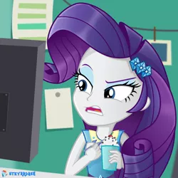 Size: 1000x1000 | Tagged: safe, artist:steyrrdash, derpibooru import, rarity, equestria girls, computer, female, food, ice cream, image, jpeg, open mouth, rarity peplum dress, solo