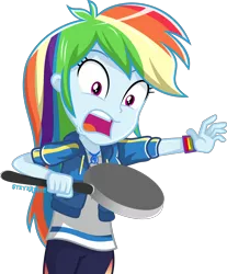 Size: 2106x2548 | Tagged: safe, artist:steyrrdash, banned from derpibooru, deleted from derpibooru, derpibooru import, rainbow dash, equestria girls, clothes, female, frying pan, image, open mouth, png, screaming, simple background, solo, transparent background