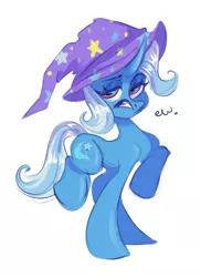 Size: 636x874 | Tagged: safe, artist:maximkoshe4ka, derpibooru import, trixie, pony, unicorn, clothes, disgusted, ew, female, hat, image, mare, open mouth, png, raised hoof, raised leg, simple background, solo, trixie's hat, white background