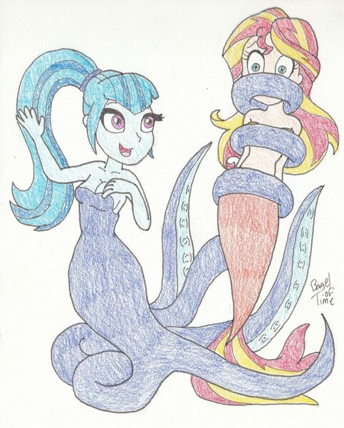 Size: 1128x1400 | Tagged: safe, artist:bageloftime, derpibooru import, sonata dusk, sunset shimmer, mermaid, bondage, cecaelia, commissioner:arielfan90, duo, female, image, jpeg, mermaidized, open mouth, species swap, tentacle bondage, tentacle porn, tentacles, traditional art