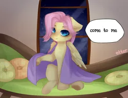 Size: 2534x1959 | Tagged: safe, artist:etter, derpibooru import, fluttershy, pegasus, pony, bed, chest fluff, colored pupils, cute, ear fluff, fluffy, image, png, room, solo, talking to viewer, watermark, window, wings