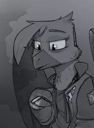 Size: 1024x1398 | Tagged: safe, artist:sinrar, derpibooru import, gilda, gryphon, artificial wings, augmented, cigarette, clothes, exhale, female, grayscale, image, jacket, jpeg, mechanical wing, monochrome, smoke, smoking, solo, solo female, wings