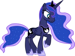Size: 2821x2125 | Tagged: safe, artist:thebosscamacho, derpibooru import, princess luna, alicorn, pony, .svg available, crown, female, folded wings, full body, high res, hoof shoes, hooves, horn, image, jewelry, mare, png, raised hoof, regalia, simple background, smiling, solo, standing, tail, transparent background, vector, wings