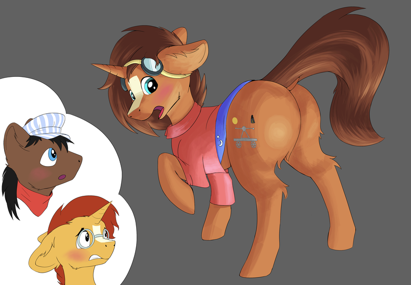 Size: 4720x3280 | Tagged: safe, artist:shaliwolf, derpibooru import, full steam, promontory, sunburst, oc, oc:nova reactor, earth pony, pony, unicorn, butt, clothes, commissioner:bigonionbean, cutie mark, flank, fusion, fusion:nova reactor, glasses, goggles, hat, image, large butt, male, plot, png, stallion, thought bubble