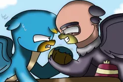 Size: 1128x750 | Tagged: safe, artist:beesmeliss, derpibooru import, gallus, grampa gruff, gryphon, arm wrestling, chibi, image, jpeg