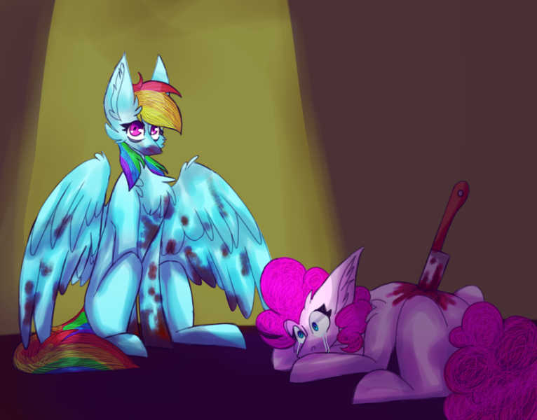 Size: 2240x1754 | Tagged: grimdark, artist:blackmarkerdraws, derpibooru import, pinkie pie, rainbow dash, earth pony, pegasus, pony, fanfic:rocket to insanity, blood, crying, duo, fanfic art, female, image, knife, png