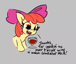 Size: 292x246 | Tagged: safe, derpibooru import, apple bloom, earth pony, pony, aggie.io, alcohol, bow, dialogue, female, glass, image, implied anon, open mouth, png, simple background, talking, wine, wine glass
