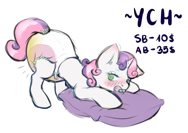 Size: 3507x2480 | Tagged: questionable, artist:kirari_chan, derpibooru import, sweetie belle, pony, unicorn, advertisement, auction, auction open, baby, baby pony, blushing, commission, commission info, cute, diaper, diaper fetish, ear blush, ear fluff, female, fetish, full body, full diaper, horn, image, one ear down, pacifier, pillow, pissing, png, poofy diaper, shy, sketch, solo, solo female, urine, wet diaper, ych example, ych sketch, your character here, your character here auction