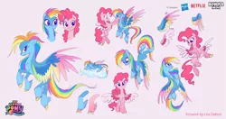 Size: 600x316 | Tagged: safe, artist:imalou, boulder media, derpibooru import, pinkie pie, rainbow dash, pegasus, pony, my little pony: a new generation, boulder media logo, cloud, colored wings, duo, feathered fetlocks, g5, g5 concept leak style, g5 concept leaks, image, jpeg, logo, lying down, lying on a cloud, multicolored wings, on a cloud, pegasus pinkie pie, pink background, pinkie pie (g5 concept leak), race swap, rainbow dash (g5 concept leak), rainbow wings, simple background, wings