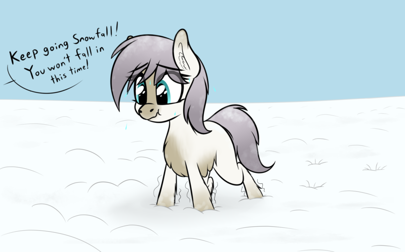 Size: 1827x1140 | Tagged: safe, artist:seafooddinner, oc, oc:snowfall, unofficial characters only, pony, taiga pony, dialogue, ear fluff, eye clipping through hair, female, filly, fluffy, image, nervous, offscreen character, png, scrunchy face, shaking, snow, solo, sweat