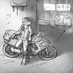 Size: 4000x4000 | Tagged: safe, artist:captainhoers, derpibooru import, oc, unofficial characters only, anthro, earth pony, unguligrade anthro, absurd resolution, ambulance, cyberpunk, grayscale, image, jpeg, leaning, male, monochrome, motorcycle