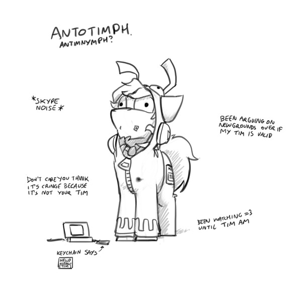 Size: 4000x4000 | Tagged: safe, artist:captainhoers, derpibooru import, oc, oc:tim, unofficial characters only, earth pony, pony, 3ds, absurd resolution, antonymph, black and white, clothes, gir, grayscale, hoodie, image, jpeg, male, monochrome, parody, simple background, solo, stallion, white background