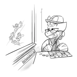 Size: 4000x4000 | Tagged: safe, artist:captainhoers, derpibooru import, oc, unofficial characters only, earth pony, pegasus, pony, unicorn, absurd resolution, annoyed, bingo, black and white, elderly, glasses, grayscale, hat, image, jpeg, monochrome, skateboard, solo focus, spray paint