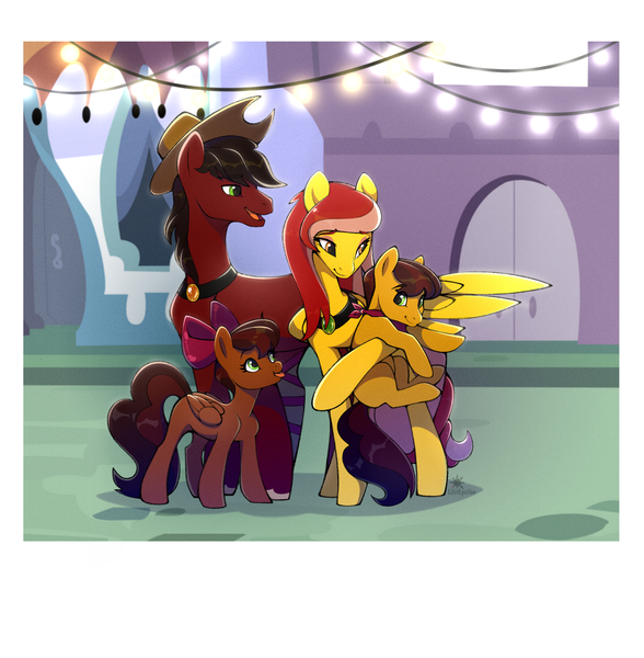 Size: 1822x1860 | Tagged: safe, artist:lilitepsilon, derpibooru import, oc, oc:applecore, oc:gentle war, oc:rumble apple, oc:tumble apple, unofficial characters only, earth pony, pegasus, pony, amputee, bow, clothes, colt, eyeshadow, family, female, filly, foal, gem, green eyes, hair bow, hat, holding a pony, image, jewelry, lights, makeup, male, mare, necklace, oc x oc, offspring, parents:oc x oc, photo, png, prosthetic leg, prosthetic limb, prosthetics, scarf, shipping, smiling, stallion, straight, street, tongue out