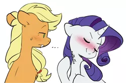 Size: 3583x2367 | Tagged: safe, artist:chub-wub, derpibooru import, applejack, rarity, earth pony, pony, unicorn, ..., applejack is not amused, blushing, body writing, duo, eyes closed, fangs, female, image, jpeg, lesbian, mare, marker, missing accessory, raised hoof, rarijack, shipping, simple background, unamused, white background