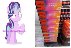 Size: 1002x674 | Tagged: safe, artist:thegamerpainter, derpibooru import, starlight glimmer, pony, unicorn, coca-cola, image, implied starlight glimmer, irl, irl photo, looking at self, looking at someone, photo, png, raised hoof, shoprite, solo, text