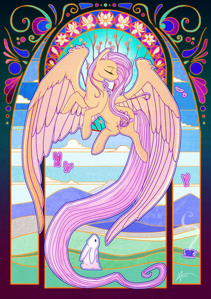 Size: 600x849 | Tagged: safe, artist:cold-creature, derpibooru import, angel bunny, fluttershy, pegasus, pony, flower, image, jpeg, scenery, solo, stained glass