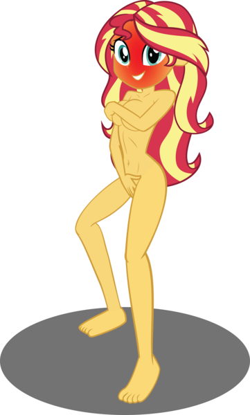 Size: 5988x9946 | Tagged: artist needed, questionable, derpibooru import, sunset shimmer, equestria girls, belly button, blushing, blushing profusely, breasts, busty sunset shimmer, covering, covering breasts, covering crotch, embarrassed, embarrassed nude exposure, female, full body, image, nudity, png, simple background, solo, solo female, stupid sexy sunset shimmer, transparent background