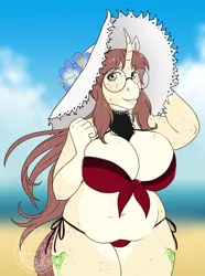 Size: 2572x3458 | Tagged: suggestive, artist:askbubblelee, derpibooru import, oc, oc:céline actias, unofficial characters only, anthro, pony, unguligrade anthro, unicorn, anthro oc, beach, big breasts, bikini, both cutie marks, breasts, clothes, cloud, commission, curved horn, digital art, female, flower, freckles, hat, horn, huge breasts, image, mare, png, smiling, solo, solo female, sun hat, swimsuit, unicorn oc