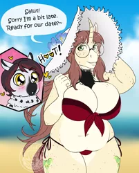 Size: 2782x3458 | Tagged: suggestive, alternate version, artist:askbubblelee, derpibooru import, oc, oc:céline actias, oc:pyry, unofficial characters only, anthro, pony, unguligrade anthro, unicorn, anthro oc, beach, big breasts, bikini, blushing, both cutie marks, breasts, clothes, cloud, commission, couple, curved horn, dialogue, digital art, female, flower, freckles, hat, horn, huge breasts, image, male, mare, neck fluff, oc x oc, png, shipping, smiling, stallion, sun hat, swimsuit, unicorn oc