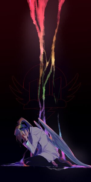 Size: 1024x2048 | Tagged: semi-grimdark, artist:catalpasong, derpibooru import, rainbow dash, human, fanfic:rainbow factory, clothes, crying, dark background, despair, fanfic art, humanized, image, jpeg, lab coat, liquid rainbow, rainbow factory dash, rainbow factory logo, sad, solo, spectra, wings