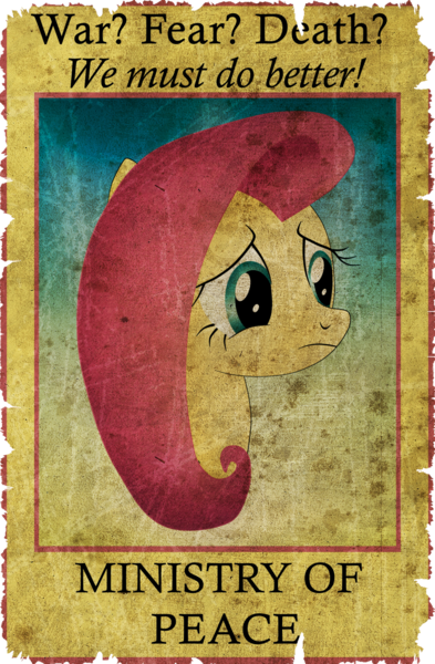 Size: 1024x1563 | Tagged: artist needed, safe, derpibooru import, fluttershy, pony, fallout equestria, anti-war, image, ministry mares, ministry of peace, png, propaganda, propaganda poster, solo