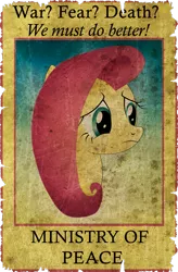 Size: 1024x1563 | Tagged: artist needed, safe, derpibooru import, fluttershy, pony, fallout equestria, anti-war, image, ministry mares, ministry of peace, png, propaganda, propaganda poster, solo