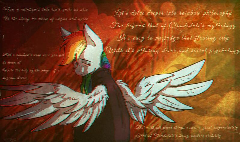 Size: 1024x608 | Tagged: safe, artist:regenbogen, derpibooru import, rainbow dash, pegasus, pony, fanfic:rainbow factory, fanfic art, image, jpeg, looking back, sad, spread wings, wings