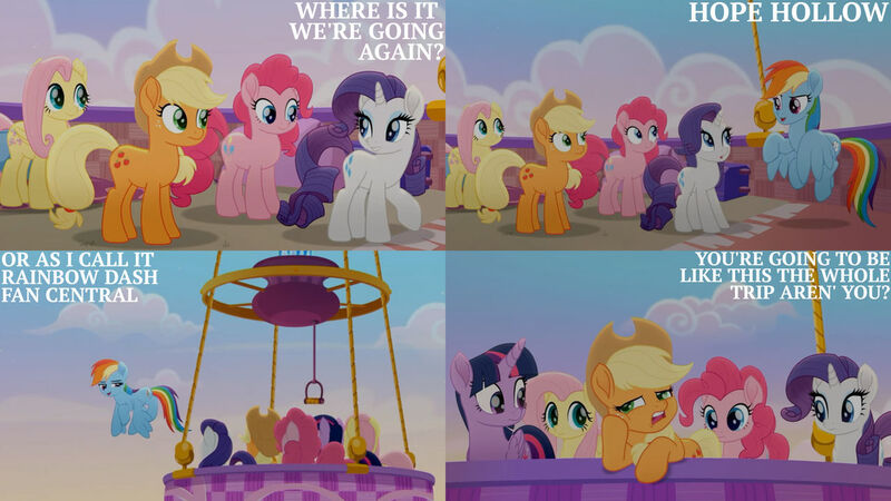 Size: 1280x720 | Tagged: safe, derpibooru import, edit, edited screencap, editor:quoterific, screencap, applejack, fluttershy, pinkie pie, rainbow dash, rarity, twilight sparkle, twilight sparkle (alicorn), alicorn, earth pony, pegasus, pony, unicorn, rainbow roadtrip, applejack's hat, cowboy hat, female, flying, hat, hot air balloon, image, jpeg, mane six, mare, open mouth, open smile, smiling, spread wings, text, twinkling balloon, wings