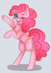 Size: 1640x2360 | Tagged: safe, artist:kurochhi, derpibooru import, pinkie pie, pony, gray background, image, one eye closed, png, rearing, simple background, solo, wink