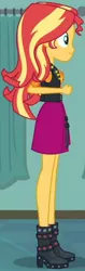 Size: 1296x4095 | Tagged: safe, derpibooru import, screencap, sunset shimmer, do it for the ponygram!, equestria girls, equestria girls series, spoiler:eqg series (season 2), boots, clothes, cropped, cute, female, geode of empathy, high heel boots, image, jacket, jewelry, jpeg, leather, leather boots, leather jacket, magical geodes, necklace, shimmerbetes, shoes, smiling, solo