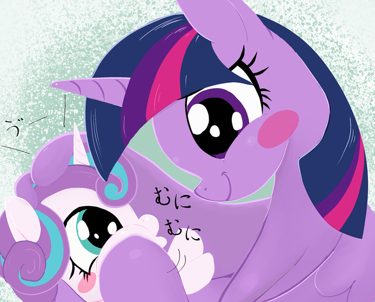 Size: 932x750 | Tagged: safe, artist:noupu, derpibooru import, princess flurry heart, twilight sparkle, twilight sparkle (alicorn), alicorn, pony, aunt and niece, auntie twilight, baby, baby pony, blush sticker, blushing, caress, cheek squish, duo, duo female, female, head pat, image, looking at each other, looking at someone, mare, pat, png, smiling, squishy cheeks