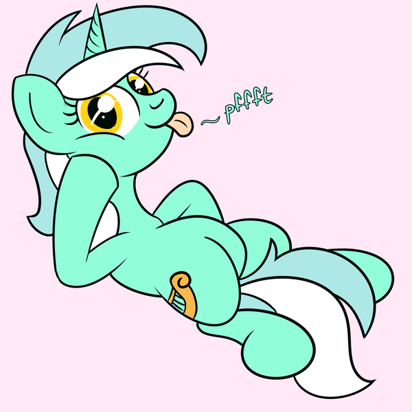 Size: 2000x2000 | Tagged: safe, artist:dafiltafish, derpibooru import, lyra heartstrings, pony, unicorn, :p, colored, female, flat colors, hoof on cheek, image, lying down, mare, pink background, png, raspberry, simple background, solo, tail, tail between legs, tongue out