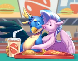 Size: 2532x1983 | Tagged: safe, artist:kittytitikitty, derpibooru import, gallus, silverstream, embrace, fast food, food, image, png