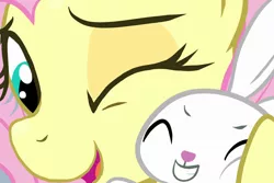 Size: 1095x730 | Tagged: safe, artist:noupu, derpibooru import, angel bunny, fluttershy, pegasus, pony, rabbit, animal, cheek squish, close-up, duo, eyes closed, female, grin, hug, image, jpeg, male, mare, one eye closed, open mouth, open smile, smiling, squishy cheeks