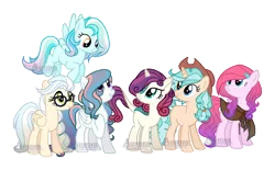 Size: 1024x636 | Tagged: safe, artist:auroranovasentry, derpibooru import, oc, unofficial characters only, earth pony, kirin, pegasus, pony, unicorn, female, hat, image, magical lesbian spawn, mare, offspring, parent:applejack, parent:autumn blaze, parent:fluttershy, parent:lyra heartstrings, parent:party favor, parent:pinkie pie, parent:radiant hope, parent:rainbow dash, parent:rarity, parent:thunderlane, parent:twilight sparkle, parent:vapor trail, parents:applefavor, parents:lyradash, parents:radiantpie, parents:rariblaze, parents:thundershy, parents:vaporlight, png, simple background, transparent background, watermark