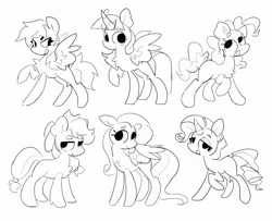 Size: 2048x1662 | Tagged: safe, artist:swirlseypop, derpibooru import, applejack, fluttershy, pinkie pie, rainbow dash, rarity, twilight sparkle, twilight sparkle (alicorn), alicorn, earth pony, pegasus, pony, unicorn, black and white, female, grayscale, image, jpeg, lineart, mane six, mare, monochrome, wip