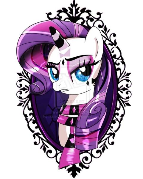 Size: 724x905 | Tagged: artist needed, safe, derpibooru import, rarity, bow, clothes, cutie mark, diamond, ear piercing, earring, frame, goth, goth pony, horn, image, jewelry, jpeg, makeup, metal, piercing, rarity's cutie mark, scarf, simple background, striped horn, white background