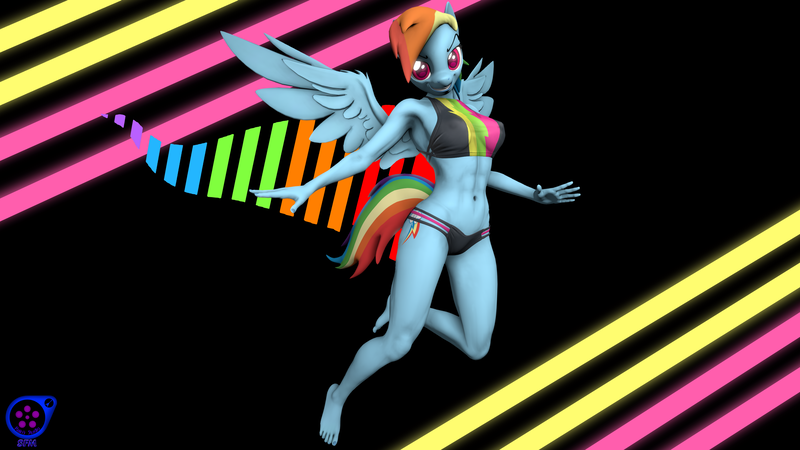 Size: 3840x2160 | Tagged: suggestive, artist:rainsstudio, derpibooru import, rainbow dash, anthro, pegasus, plantigrade anthro, pony, 3d, beach shorts swimsuit, belly button, bikini, breasts, busty rainbow dash, clothes, equestria girls outfit, female, flying, grin, high res, image, looking at you, midriff, nexgen, png, rainbow, rainbow dash's beach shorts swimsuit, revamped anthros, smiling, solo, solo female, source filmmaker, spread wings, striped background, swimsuit, wallpaper, wings